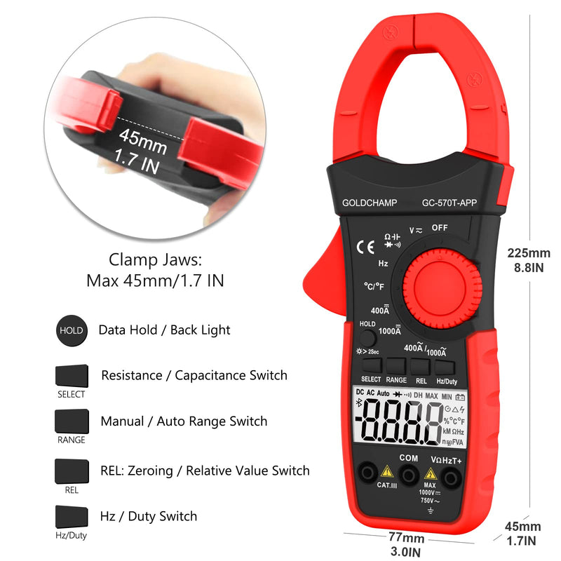 [Australia - AusPower] - Digital Clamp Meter Multimeter 4000 Counts Amp Voltage Tester with APP, Capacitance, Voltage, Resistance, True RMS AC Current, Diode Test, Audible Continuity, Temperature, Non-Contact Multimeter - Red 