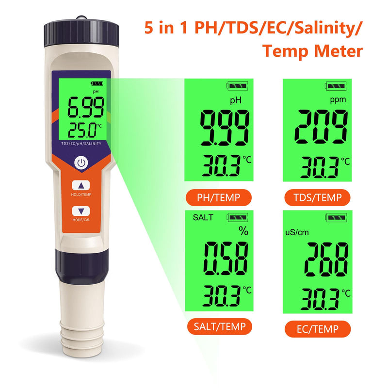 [Australia - AusPower] - Digital PH Water Tester, 5 in 1 PH/TDS/EC/Salt/Temp Meter, a Practical Portable Meter for Pool, Aquarium, Drinking Water, Shower& Kitchen Drinking Water for The Household 2025 upgraded 5-IN-1 pH meter 