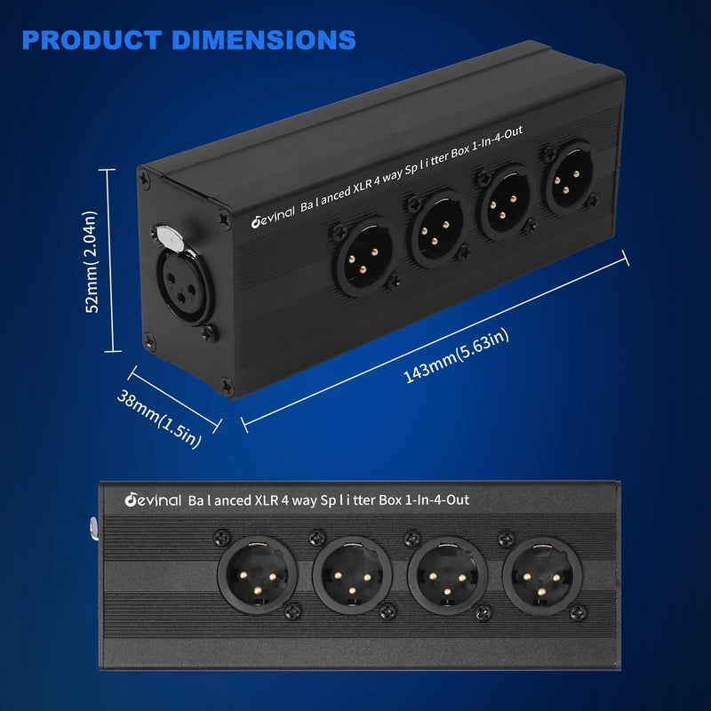 Devinal 1-IN-4-OUT XLR Audio Splitter Box ; XLR 1 Female to 4 Male Balanced Converter ; 4-Way Stereo Passive Audio Cable