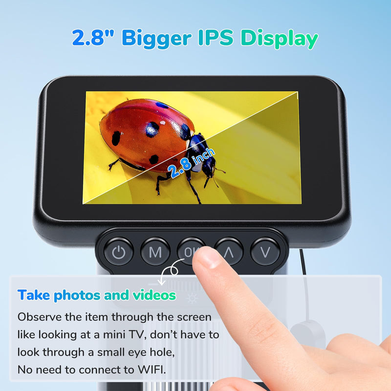 LM013 Portable Digital Microscope with 2.8" LCD Screen, Handheld Microscope Kit for Kids 8-12, Pocket USB Coin Camera Magnifier for Adults with 8 LED Lights, Microscope Slides Black+Base
