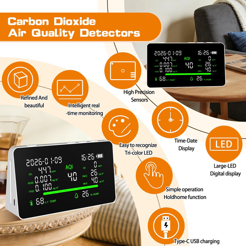 [Australia - AusPower] - 11-in-1 Air Quality Monitor, Indoor CO2VOC/AQI/PM2.5/Thermometer/Humidity Monitor, Portable Smart Air Quality Meters, Air Quality Tester for Home Office Outdoor, Battery Powered 