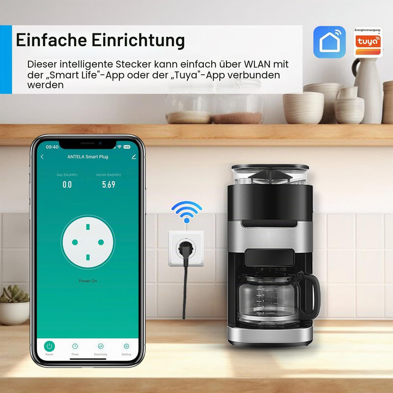 Alexa Socket WLAN with Current Measurement 16 A Antela | Smart socket compatible with Google Home, power consumption measurement, smart life app, 2.4 GHz, 4 PCs 16A