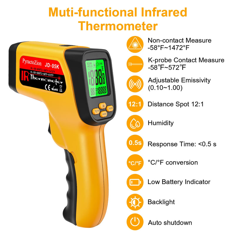 [Australia - AusPower] - Dual-Mode Infrared Thermometer Gun, Non-Contact IR & K-Type Thermocouple Probe, -58°F to 1472°F, High Accuracy, Laser Temperature Gun with Humidity Display, Emissivity, Max/Min, for Cooking BBQ HVAC 