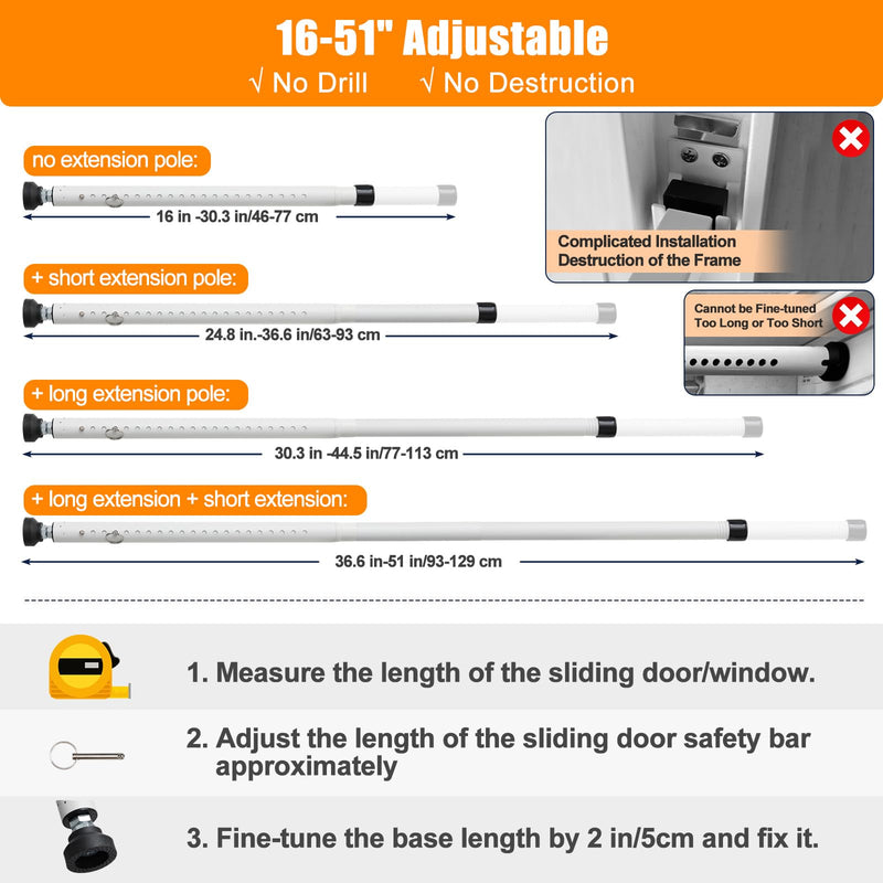 Sliding Door Security Bar, 17-51 inch Adjustable Patio Door Security Bar Childproof Window Safety Bar for Apartment Bedroom Bottom of Door Heavy Duty Interior White
