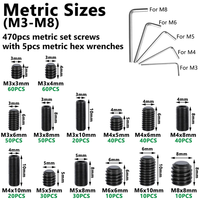 [Australia - AusPower] - 775PCS Metric +SAE Set Screw Assortment Kit, Hex Socket Head Cup Point Set Screws 12.9 Class Alloy Steel Grub Screw, Internal Hex Drive Cup-Point Screw (M3-M8, 1/8"-40 to 5/16"-18) Black 775PCS 