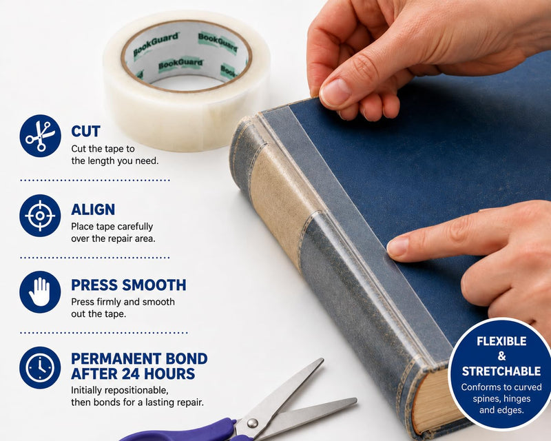 BookGuard Clear Book Repair Tape, Book Binding Tape 1 Inch x 15 Yards, Ultra Clear Low-Glare Flexible Polyethylene Library Tape for Spine, Hinge, Cover & Page Repair 1" Wide, 15 Yards Pack of 1