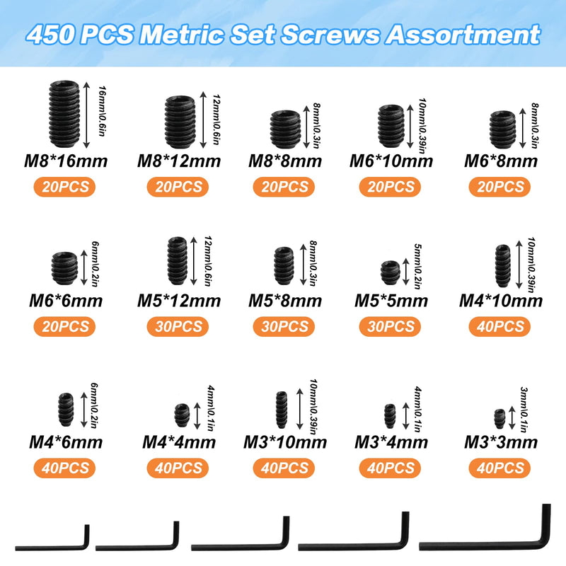 [Australia - AusPower] - 450 Pcs Set Screw Assortment Kit, Allen Head Hex Socket Grub Head Screw Set, Black Hex Drive Cup-Point Grub Screws Set with Internal Hex Drive, with Hex Wrenches, M3/M4/M5/M6/M8 