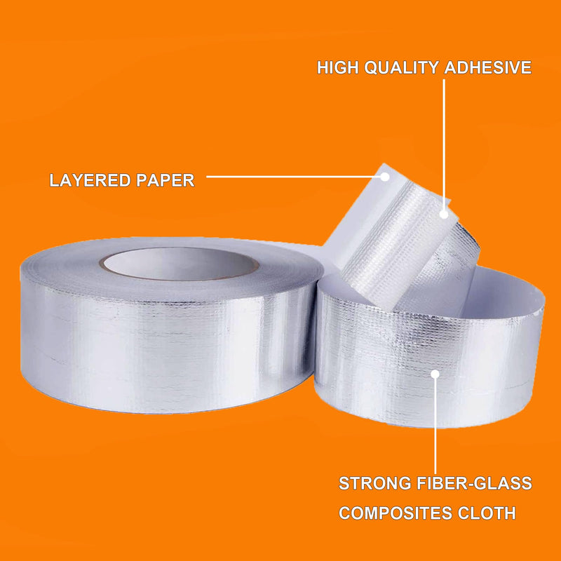 Fiberglass Reinforced Foil Duct Tape, 2 inch Glass Fiber Cloth Aluminum Foil Tape Duct Tape Withstand 80°C to 100°C, Fireproof Heat Resistant Tape for HVAC, Metal Repair Sealing and Insulation 2 inch width x 82 feet Cross Pattern Silver