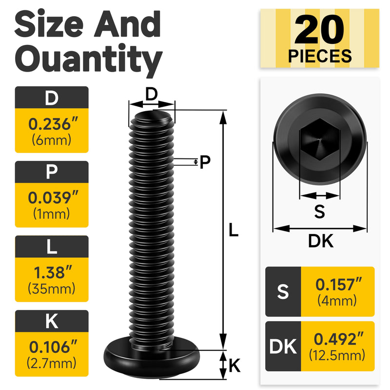 [Australia - AusPower] - M6 x 35mm 20Pcs Flat Head Hex Socket Cap Screws Bolts, 304 Stainless Steel Furniture Bolts Full Thread, Black Oxide & Hex Spanner Black-M6 20 