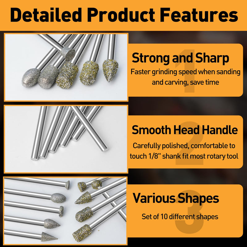 40 Piece Diamond Cutter Set for Dremel, 46 Grit and 120 Grit Diamond Burr Grinding Pins with 1/8 Inch Shank for Stone Glass Ceramic Grinding, Carving, Polishing, Engraving, Drilling 20pcs-120 grit, 20pcs-46 grit