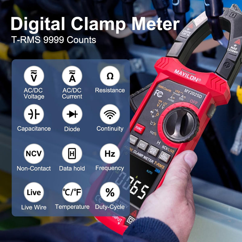 [Australia - AusPower] - Digital Clamp Meter Multimeter with AC DC Current & Voltage, 9999 Counts Volt Meter, 1000V Voltage Tester 1200A Current for Temperature Resistance Continuity Diode Live Wire Test NCV 
