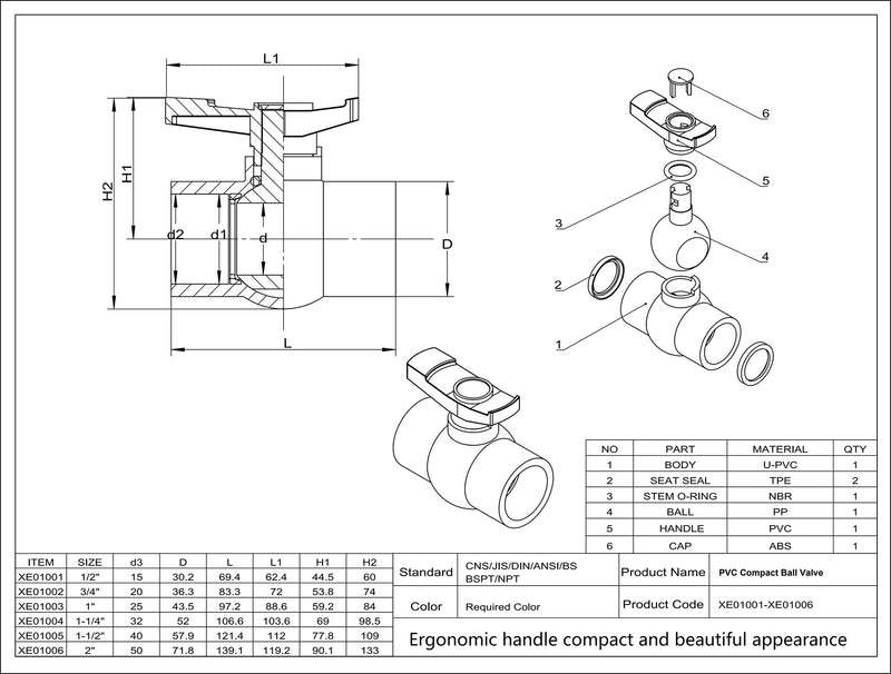 1-1/2" PVC Ball Valve (2-Pack), Shut-Off Valve with Easy to Rotate and Excellent Handle, Rated at 150 PSI, 1 1/2 inch Socket 1-1/2 Inch (1.5")