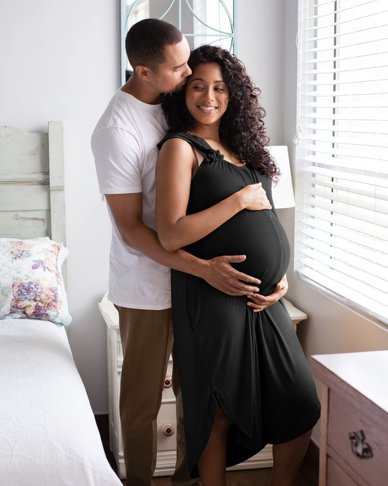 [Australia - AusPower] - Kindred Bravely Ruffle Strap Labor and Delivery Gown | 3 In 1 Labor, Delivery, Nursing Gown for Hospital Medium-Large Black 