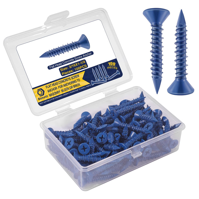 3/16 x 1-1/4" Concrete Screw Anchor 100Pcs - Flat Phillips Head Brick Screws for Masonry, Block