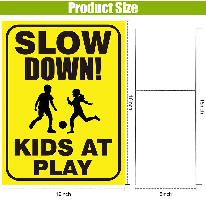 4 Pieces Slow Down Kids At Play Sign with Metal Stake, 12 x 16 Inch Kids At Play Safety Signs, Double Sided Child Safety Caution Signs, Children Sign for Street, Lawn Neighborhoods, Yellow