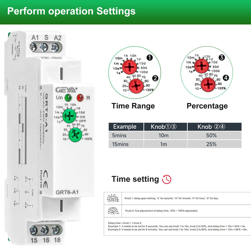 GEYA 1 Output 10A Delay Off Single Function Time Relay Electronic Adjustable Power Off Timer Delay Relay Rail Modular,DIN Rail Mount(GRT6-B1,AC/DC24V-240V) GRT6-B1 AC/DC24V-240V