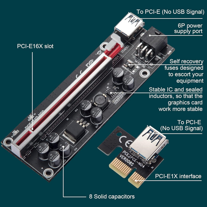 Ver009S-plus PCI-E Riser 16x to 1x for Bitcoin ETH Coin Mining, Powered Riser Adapter Card, 8 Fixed Capacitors, GPU Crypto Currency Cable with USB Power Cable, 6 Pack Black Ver009S-plus-6pcs