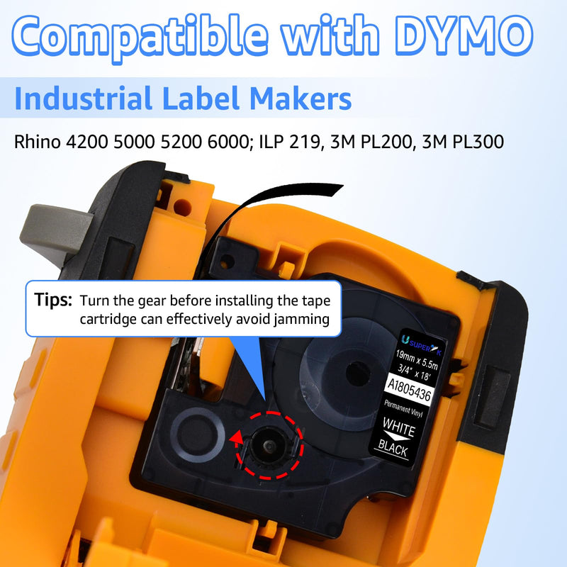 USUPERINK 4 Pack White on Black 19mm Vinyl Tape Compatible for Dymo Rhino 1805436 3/4'' x 18' Permanent Vinyl Label Tape for Rhino Pro 4200 5000 5200 6000 3M PL200 PL300 Industrial Label Makers
