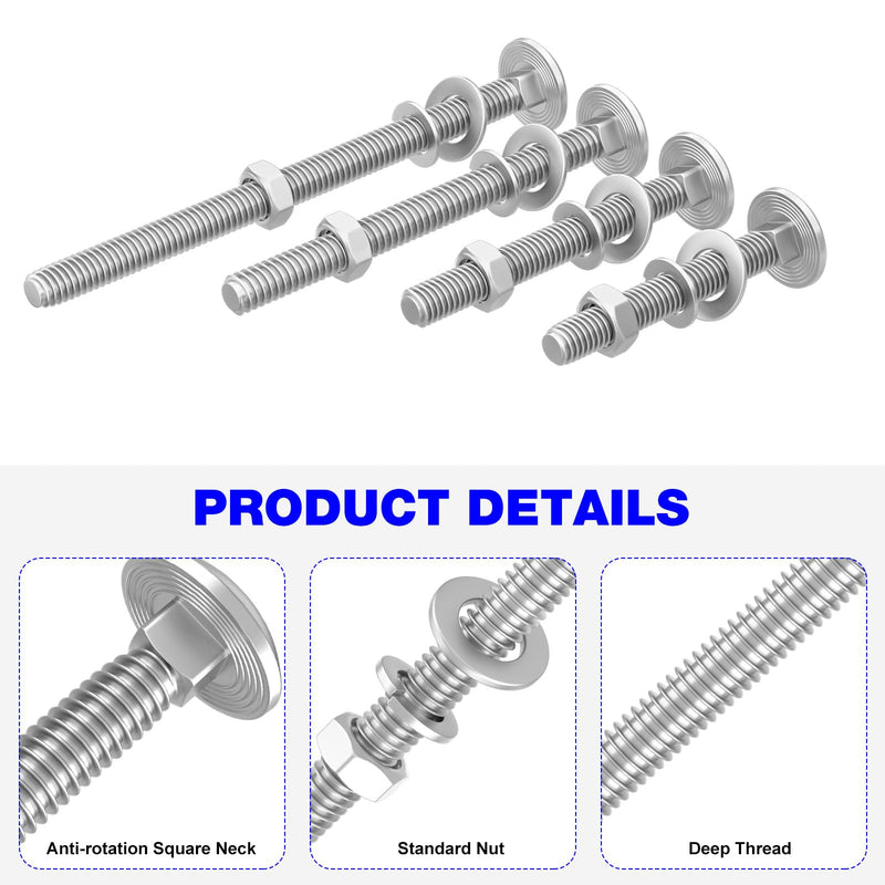 [Australia - AusPower] - Wheelbarrow Carriage Bolts and Nuts Kit for 304 Stainless Nuts and Bolts, 4", 3", 2-1/2" and 1" Wheelbarrow Parts, Wheel Barrow Handles - 12 Pack 