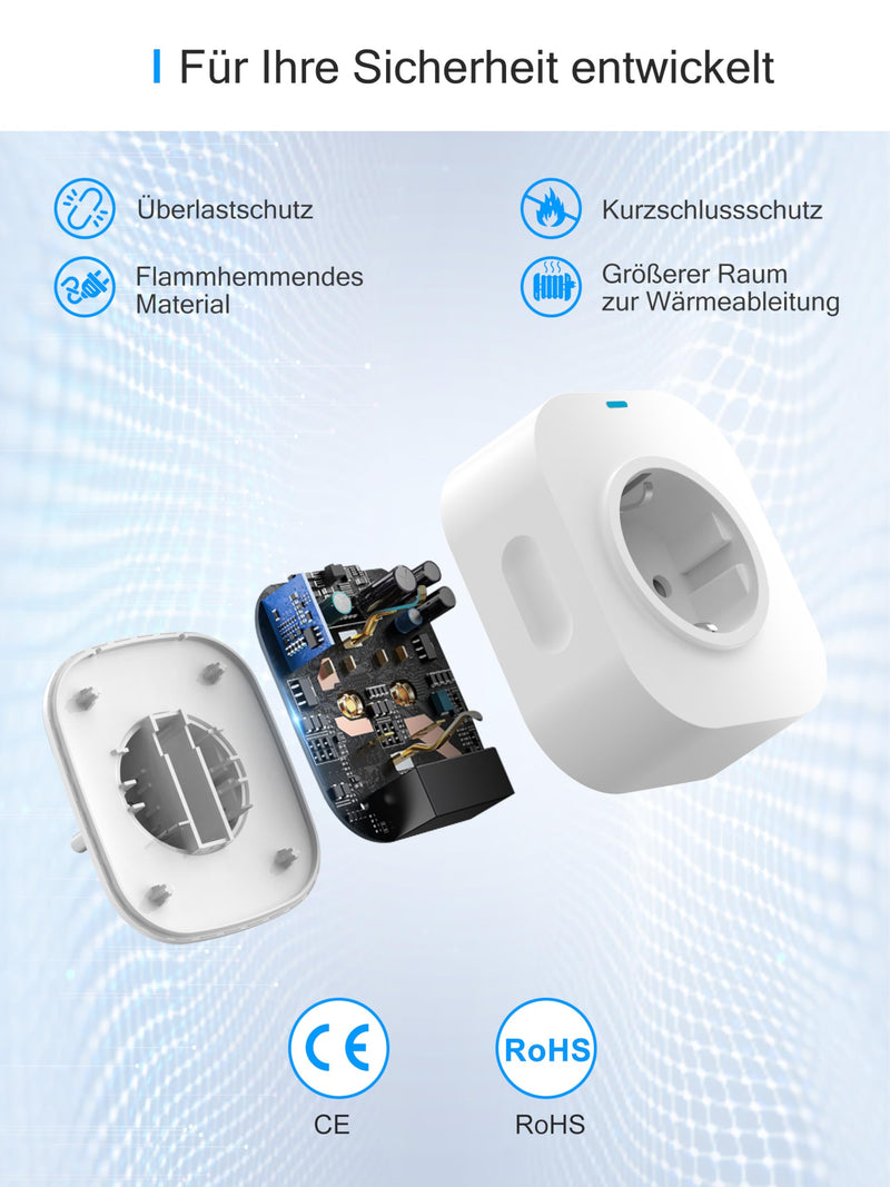 EIGHTREE Smart WLAN Socket with Current Measurement, 16 A, 2.4 GHz WiFi, Pack of 4 | Smart Home WiFi Socket with Schedule and Remote Access, TÜV Certified, Works with Alexa, Google Home, SmartThings
