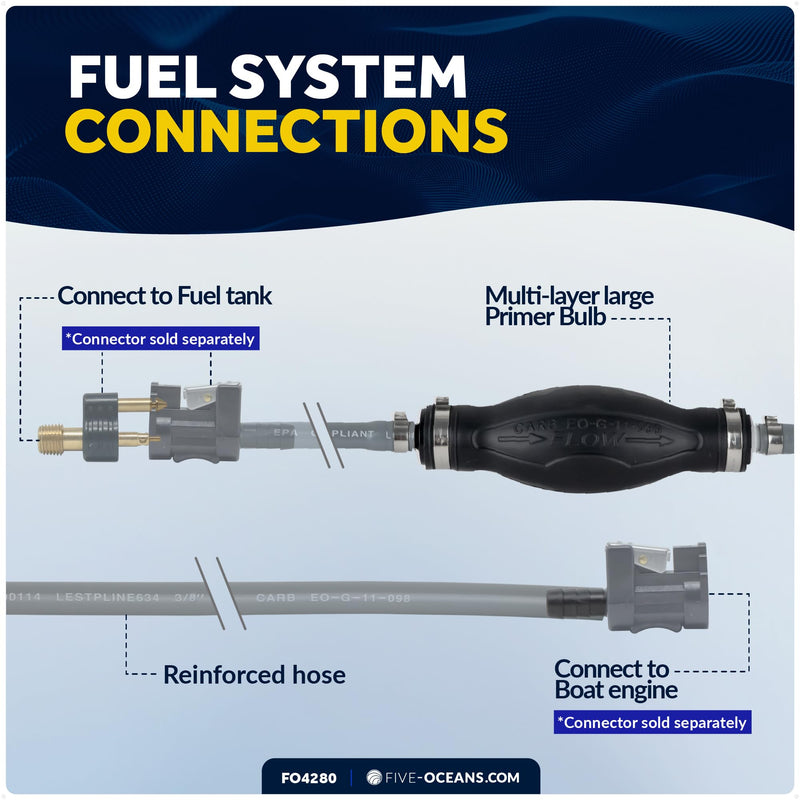 Five Oceans Marine Fuel Line Assembly with Primer Bulb, 3/8-Inch x 6 foot, Universal Outboard Boat Fuel Hose, EPA/CARB Approved, Ethanol-Compatible, Leakproof - FO4280 Universal 3/8" Hose (no engine fitting)