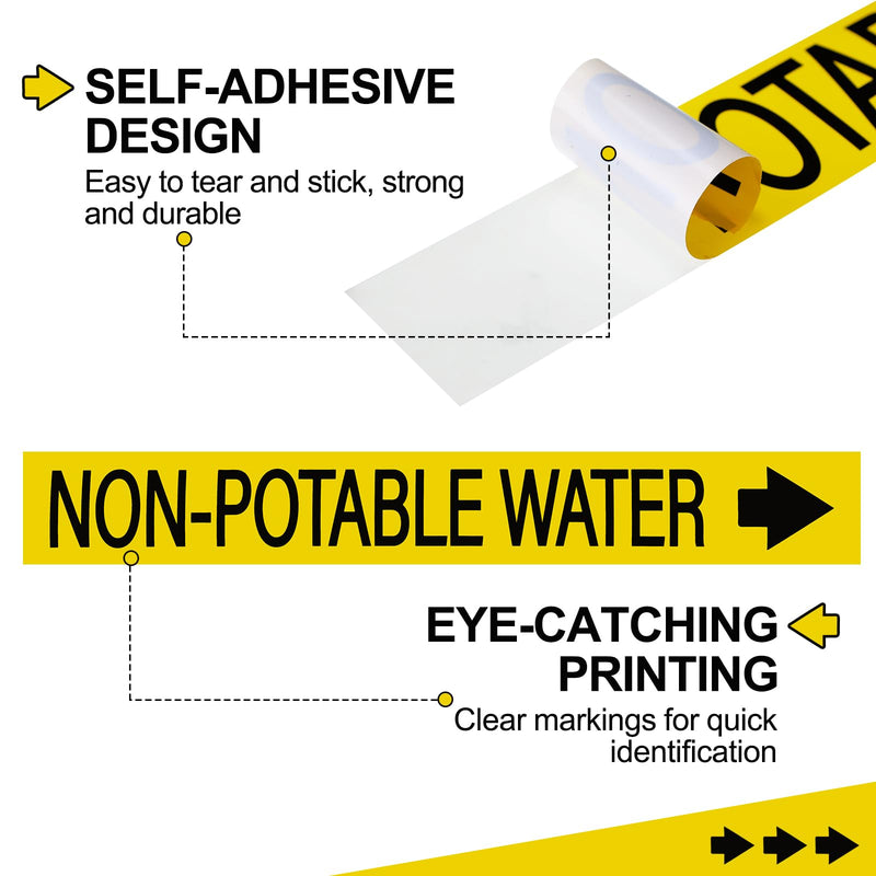 1 Roll Economy Pipe Markers - 1" Height x 8" Width Non-Potable Water Pipe Labels, Black On Yellow Self-Sticking Plastic Film