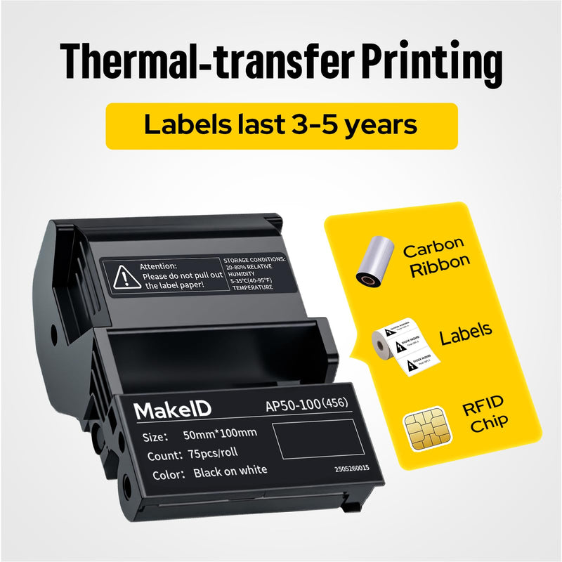 MakeID EP53 Flag Labels, P-Flag Pre-Sized Label Tape with Ribbon Cartridge for Indoor/Outdoor Wire and Cable, DataCom Labeling - for EP53 Portable Industrial Label Maker 0.98"H x 1.50"W(100 Labels) Yellow P-flag