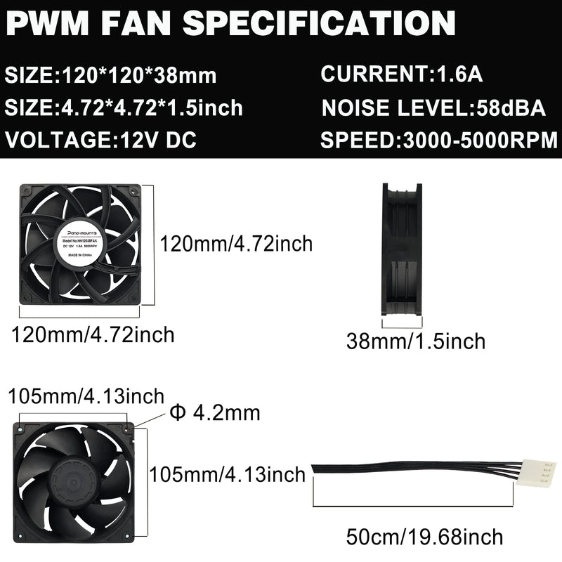 2-Pack 120mm 12V DC 12038 120mm x 38mm 4.72inch High Speed Dual Ball Bearing 4Pin Antminer Fan PWM High CFM Brushless PC Computer CPU Case Ventilation Exhaust Fan with Metal Guard Grill 3000-5000RPM 120x38mm