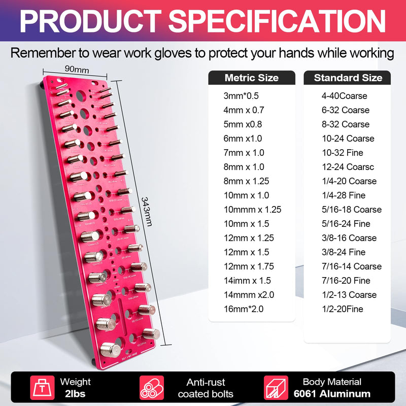 Nut and Bolt Thread Checker 32 SAE & 32 Metric Rustproof Solid Non-Deformable Thread Checker, Wall-Mountable Bolt Size Finder Tool, Bolt and Nut Sizer and 19 Drill Bit Sizes for Quick Measurement Red Thread Checker