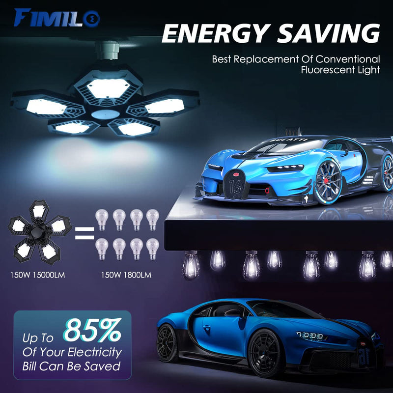 [Australia - AusPower] - Motion Sensor Garage Light 150W Deformable Garage Ceiling Light Bulb 15000LM LED Garage Lights Motion Activated Garage Light with 5 Adjustable Panels for Garage Basement Attic Warehouse Workshop 5 Panels Motion Sensor 1 Count (Pack of 1) 