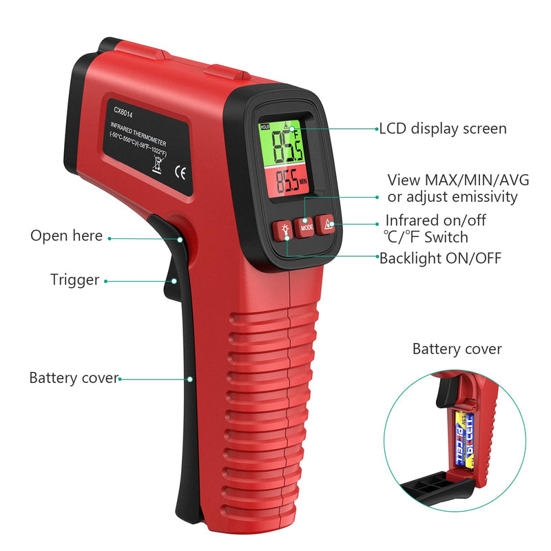 [Australia - AusPower] - ORIA Digital Infrared Thermometer, Surface Thermometer for Cooking, -58℉ to 1022℉ Non Contact Temperature Gun with Backlight, Max/Min, Adjustable Emissivity, for Griddle Pizza Oven BBQ, Not for Human 