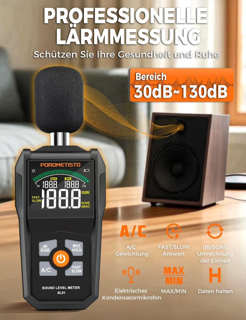 SL01 Decibel Meter, 30-130 dB Sound Level Meter, with A/C Weighting, Data Storage, Maximum/Minimum), Precise dB Meter for Professional, Industrial and Home Use