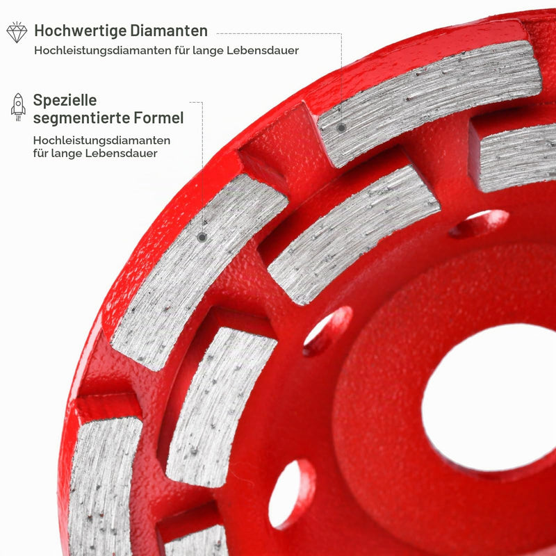 Diamond Cup Wheel 125 x 22.23 mm Double Row for Concrete Red | Diamond Grinding Pot, Cup Grinder and Grinding Wheel for Concrete, Natural Stone, Tile Adhesive, Granite, Masonry