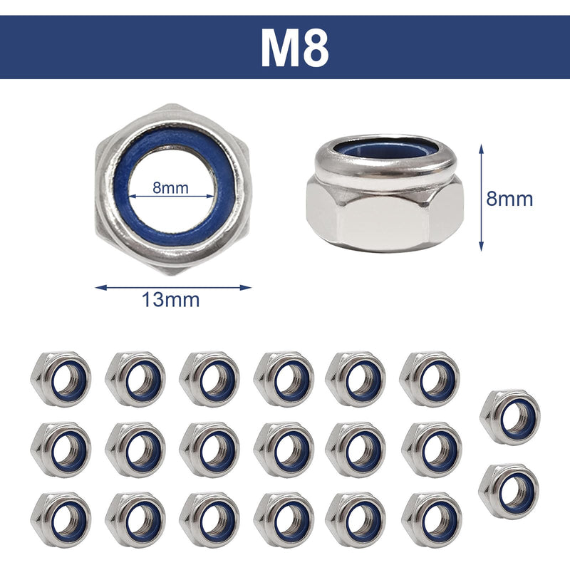 [Australia - AusPower] - 20pcs M8 Nyloc Steel Nuts, Nylon Locknuts for Fastener, Nylon Inserted Hex Lock Nuts, Silver 304 Stainless Steel Self Locking Nuts for Bolts 