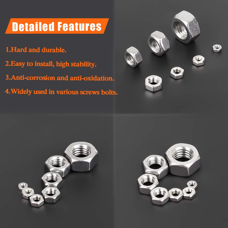 [Australia - AusPower] - 360 Pieces 7 Sizes 304 Stainless Steel Hex Nuts Assortment Kit (M2 M2.5 M3 M4 M5 M6 M8) 