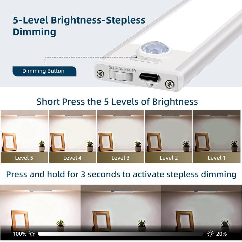 10inch Under Cabinet Lighting, 4 Pack Rechargeable Motion Sensor Light Indoor, Wireless Dimmable Magnetic Closet Lights, 40 LED Under Counter Lights for Kitchen, Wardrobe, Stairs, White Light 10inch