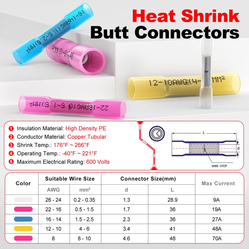 [Australia - AusPower] - AIRIC Heat Shrink Butt Connectors 22-16 AWG, 100 Pcs Waterproof Electrical Crimp Splice Terminal for Auto Repair, Insulated Marine Grade Connector for 22,20,18,16 Gauge,Wire Crimps Terminals, Red 22-16AWG 100pcs 