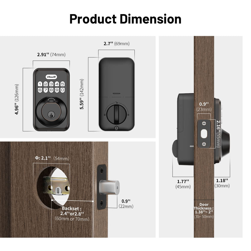 Fingerprint Door Lock, Zowill Keyless Entry Door Lock Keypad Deadbolt with 20 Biometric Fingerprints, 20 User Codes, Auto Lock, Anti-Peeping Password, IP54 Waterproof, Easy Installation Smart Lock Oil Bronze
