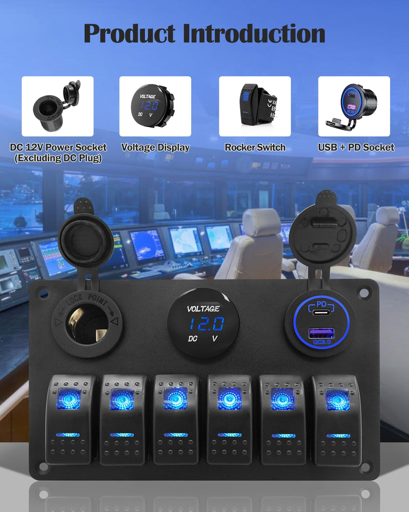 THALASSA Marine Boat Rocker Switch Aluminum Panel Waterproof with 6 Gang Blue LED Switches, 3.1A Dual USB Outlet, Red Digital Voltage Display, DC 12V Car Power Socket for Car Truck RV Vehicles Yacht 6 gang S0038