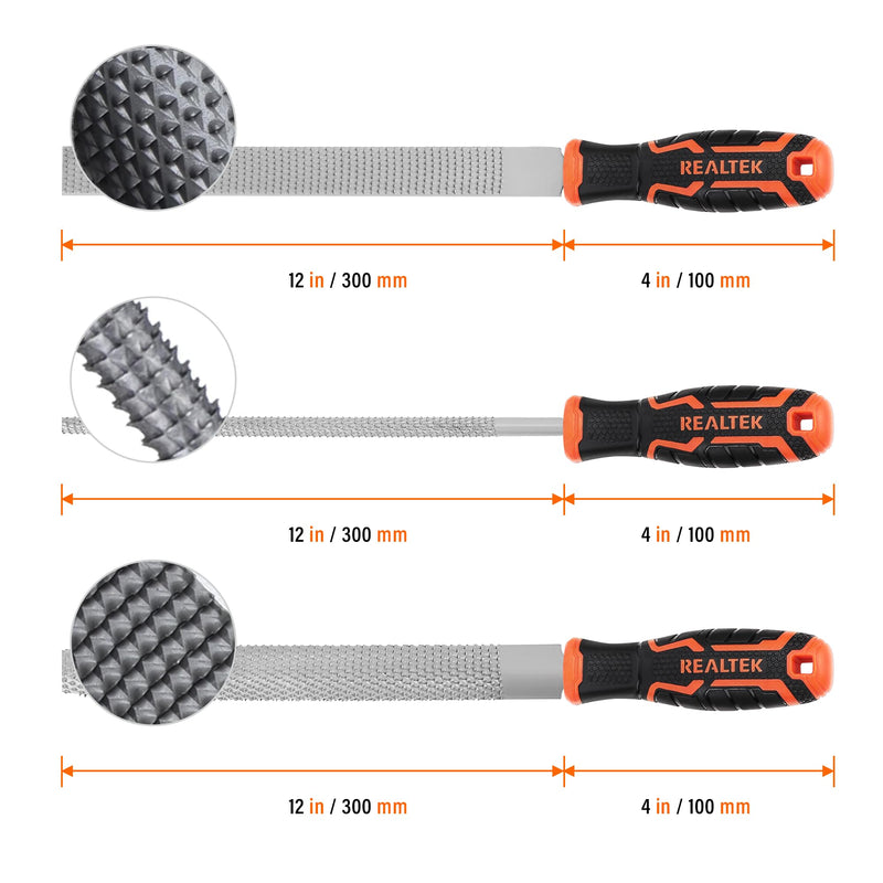 [Australia - AusPower] - 3-Piece 12" Wood Rasp File Set with 4" Longer Rubber Grip, T12 High Carbon Wood File Set for Woodworking, Flat/Half Round/Round Perfect Wood Files for Wood Manual Cutting and Sharping Wood Files-3pc 