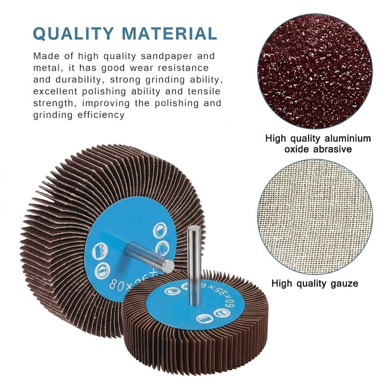 Pack of 32 Flap Grinders 80 Grit Grinding Attachment for Cordless Screwdriver | Lamellar grinder grinding attachment with shaft, 12 different diameters for drill, cordless screwdriver, straight grinder