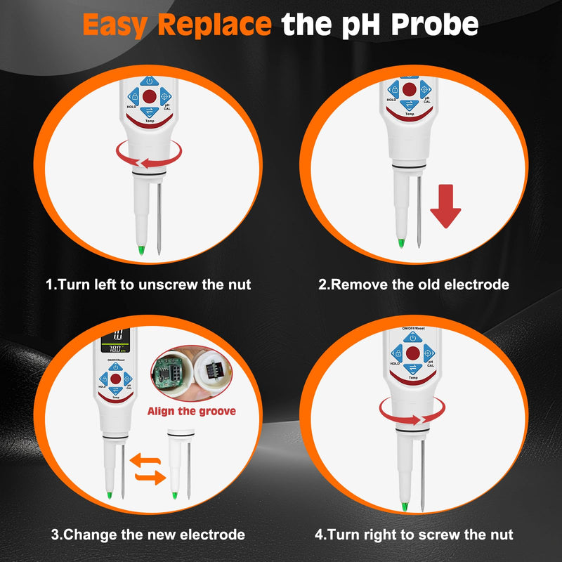 Food pH Meter Replaceable pH Probe, Digital pH Tester Temperature Electrode with ATC, White Plastic Housing with Spear Tip pH Sensor and Temp Stainless Steel Tip for Food and Water Testing
