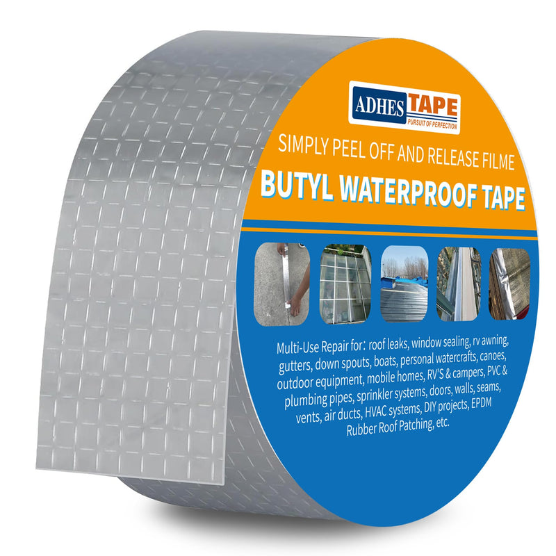 ADHES Butyl Tape Waterproof Tape, 2in x 16ft Aluminum Foil Tape, Butyl Sealant Tape for RV Repair, Window, Boat and Pipe Sealing, Glass & EDPM Rubber Roof Patching(Model:RAY100-2,Glue Color:Grey) 2 inches x 16 feet Grey 1