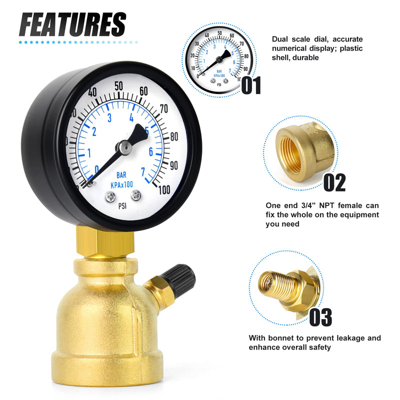 MEANLIN MEASURE 0-100Psi Forged Brass Air Test Pressure gauges, 3/4" FNPT Connection, 2" Double Graduated, Bell Shape Body Assembly, -3-2-3% Accuracy Brass Body