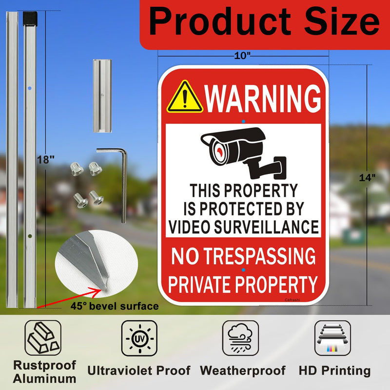 2 Pack Large No Trespassing Private Property Sign Video Surveillance Sign with 36" Stake for Outside, 14"x10" .040 Rust Free Heavy Aluminum, Reflective, Waterproof, Weatherproof and Fade Resistant 2 Pack-10"x14"-with Stake