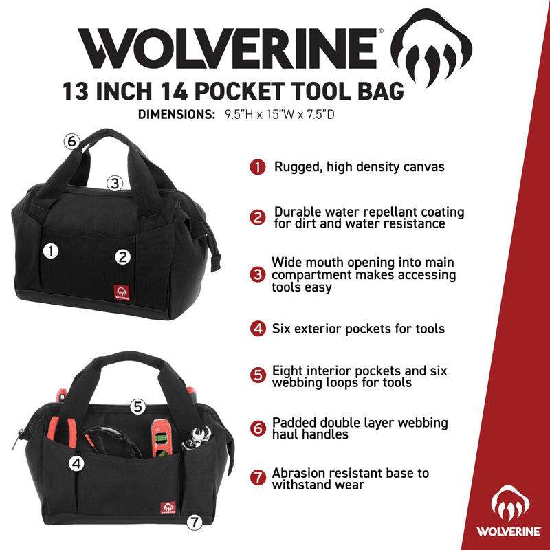WOLVERINE Tool Bag |Tote | Utility Roll | Durable Nailhead Nylon, Adjustable Straps, and Versatile Pockets 13 Inch 14 Pocket Bag Black