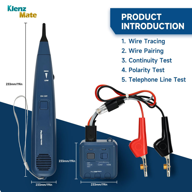 [Australia - AusPower] - Pro 3000 Tone Generator and Probe Kit, Tone Generator Wire Tracer, Handheld Telephone Line Finder with SmartTone Technology, Including a Cable Stripper, for Flat or Round Cat5 Cat6 Wire 