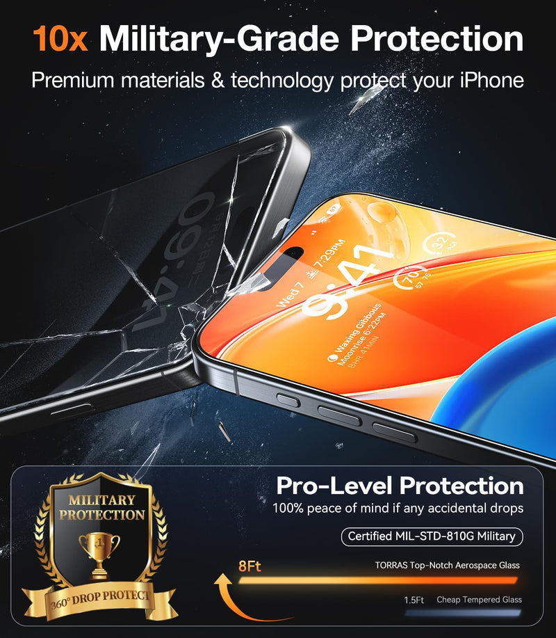 [Australia - AusPower] - TORRAS Top-Notch Diamond Shield for iPhone 15 Pro Max Screen Protector [ 9H+ Military-Grade Protection] Unbreakable Shatterproof Tempered Glass for iPhone 15 ProMax Full Coverage Screen Protector, iPhone 15 Pro Max（6.7 inch） 