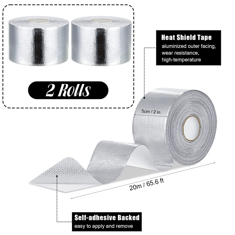 Zonon 2 Rolls Aluminum Foil Tape Heat Shield Tape Barrier Adhesive Reflective Fiberglass Thermal Insulation Reflective Material High Temp Protection(Silver,2 Inch X 65.6 ft) 2 Inch X 65.6 ft Silver