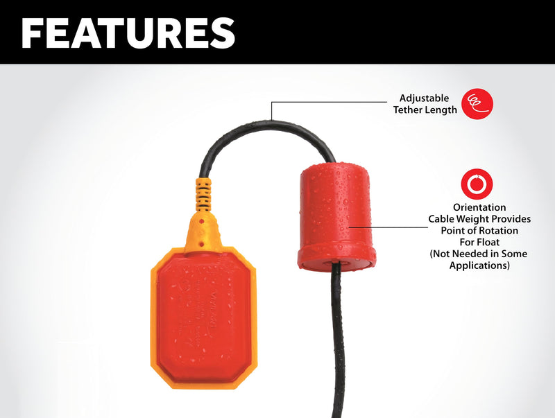 Float Switch for Sump Pump - 10-Foot Water Level Sensor with Honeywell Microswitch and Adjustable Tether Length for Ground Water Bilge Pump and Water Tank – Non-Corrosive PP Casing, Rated to 13 Amps Wire lead, pump to empty or full